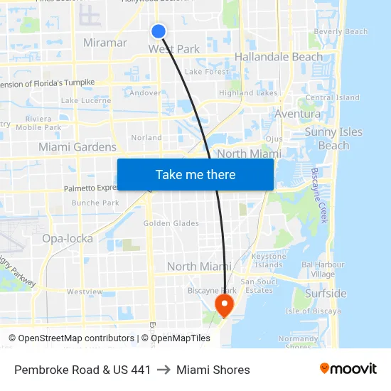 Pembroke Road & US 441 to Miami Shores map