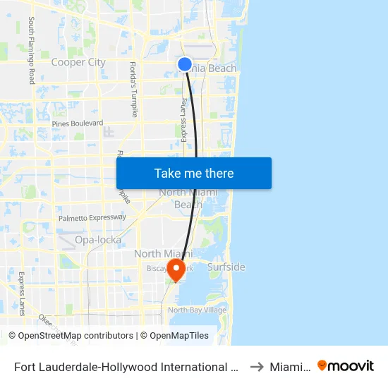Fort Lauderdale-Hollywood International Airport Griffin Road/Tri-Rail Station to Miami Shores map