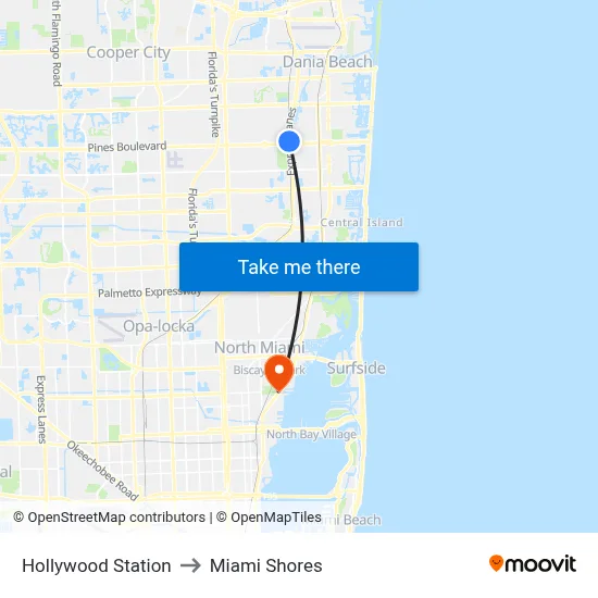 Hollywood Station to Miami Shores map