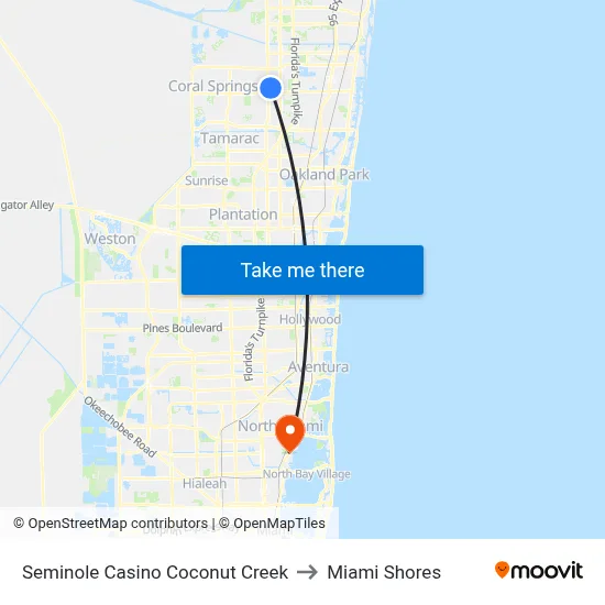 Seminole Casino Coconut Creek to Miami Shores map