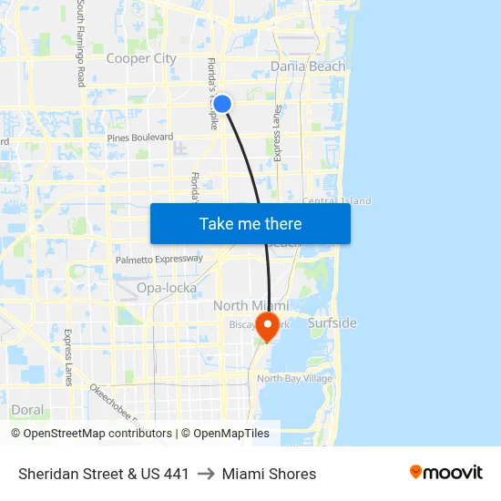 Sheridan Street & US 441 to Miami Shores map