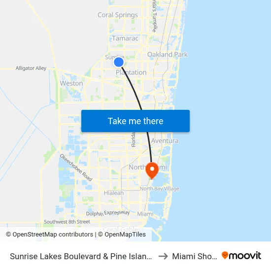 Sunrise Lakes Boulevard & Pine Island Road to Miami Shores map