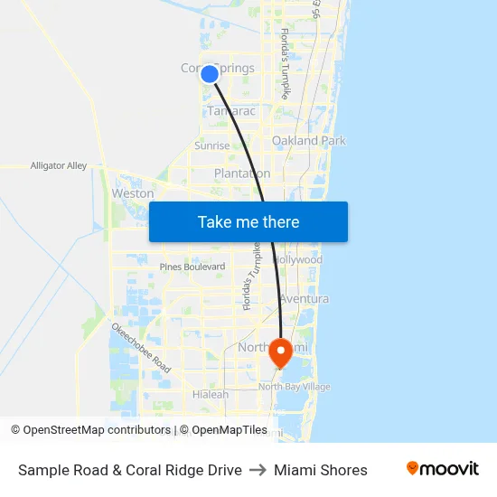Sample Road & Coral Ridge Drive to Miami Shores map