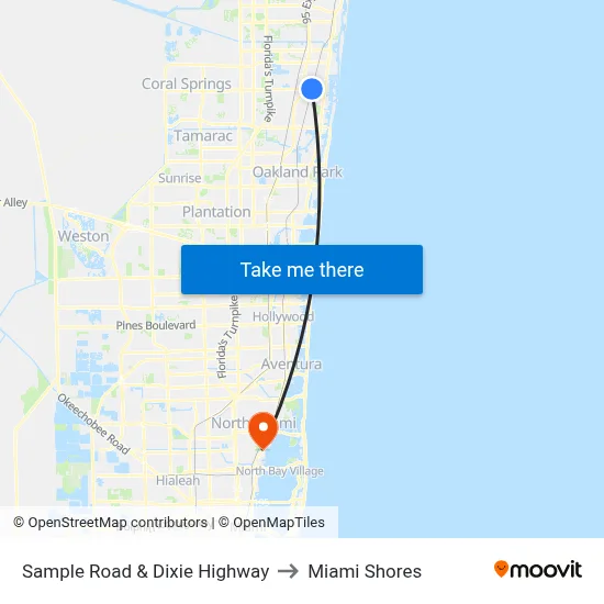 Sample Road & Dixie Highway to Miami Shores map