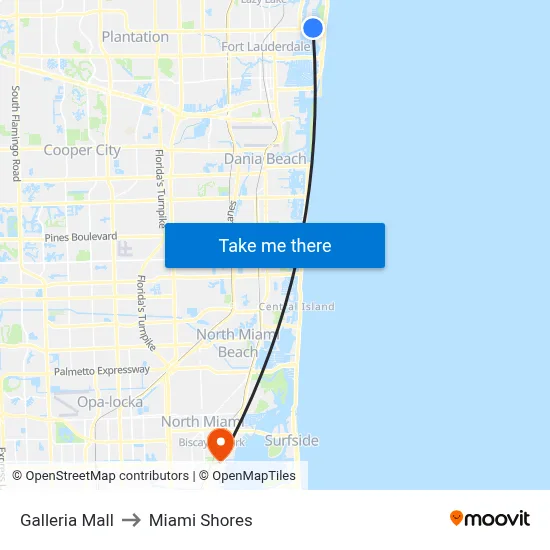 Galleria Mall to Miami Shores map