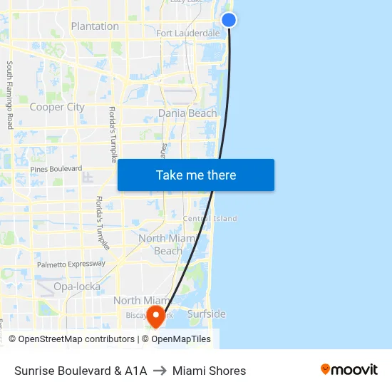 Sunrise Boulevard & A1A to Miami Shores map