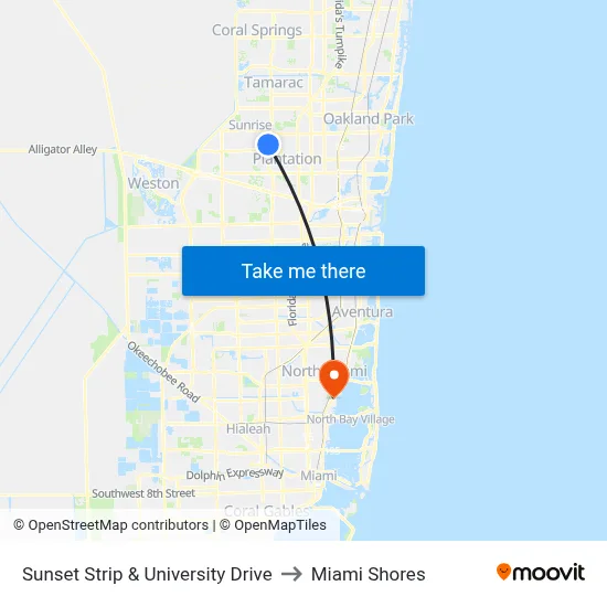 Sunset Strip & University Drive to Miami Shores map