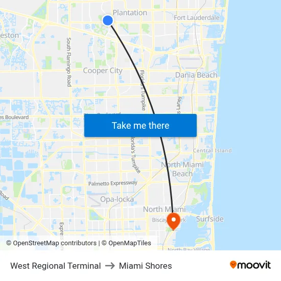 West Regional Terminal to Miami Shores map