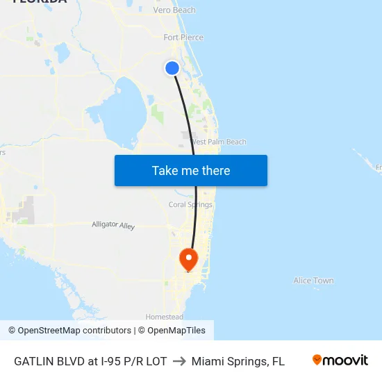 GATLIN BLVD at I-95 P/R LOT to Miami Springs, FL map