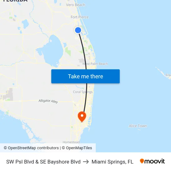 SW Psl Blvd & SE Bayshore Blvd to Miami Springs, FL map