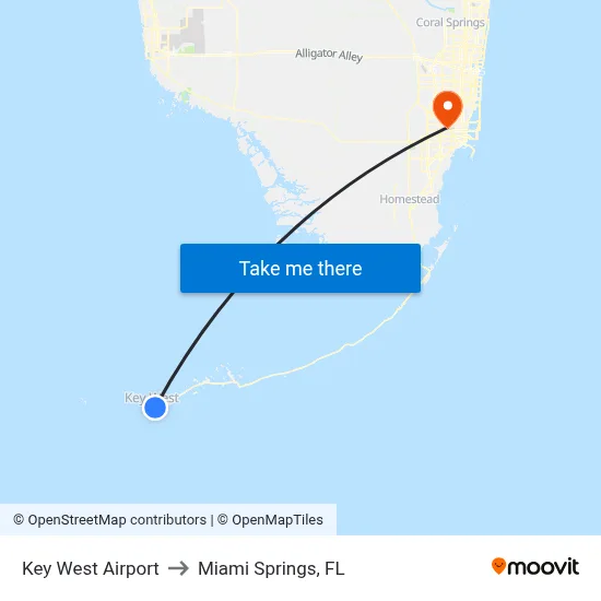 Key West Airport to Miami Springs, FL map