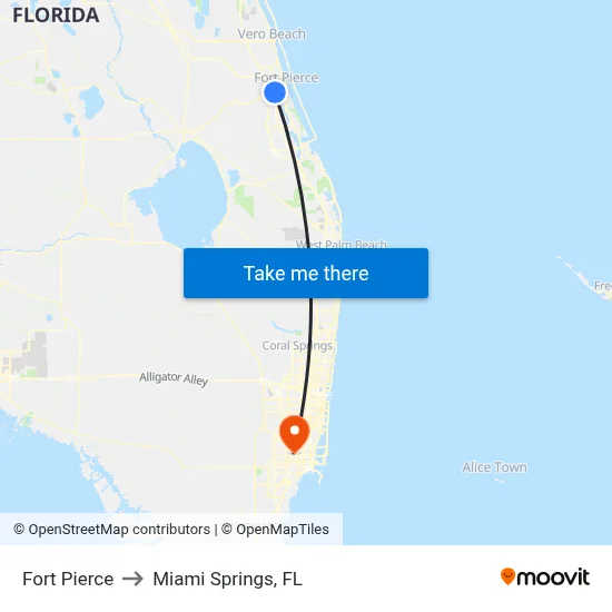 Fort Pierce to Miami Springs, FL map