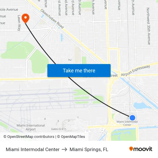 Miami Intermodal Center to Miami Springs, FL map