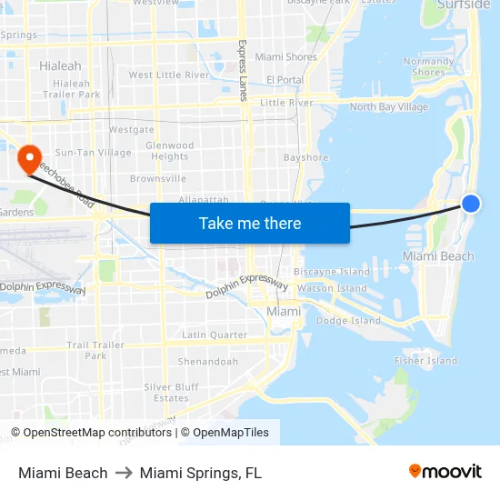 Miami Beach to Miami Springs, FL map