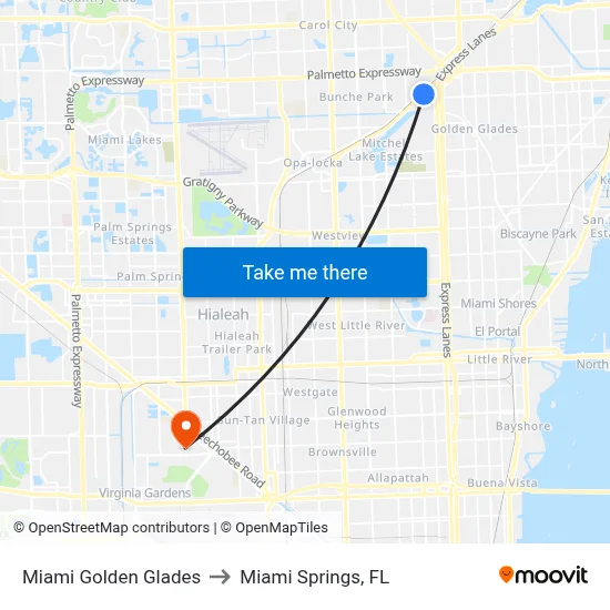 Miami Golden Glades to Miami Springs, FL map