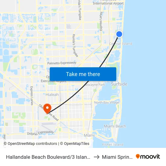 Hallandale Beach Boulevard/3 Islands Boulevard to Miami Springs, FL map