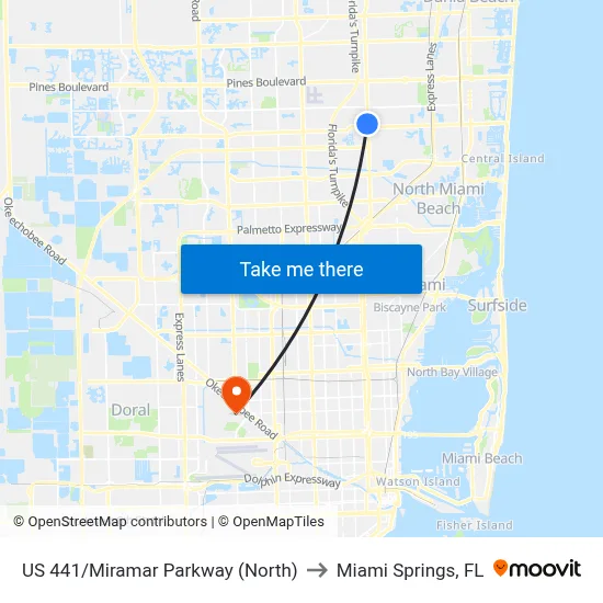 US 441/Miramar Parkway (North) to Miami Springs, FL map