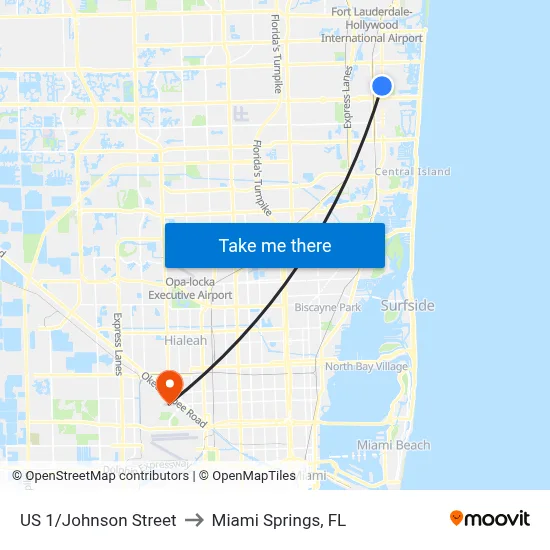US 1/Johnson Street to Miami Springs, FL map