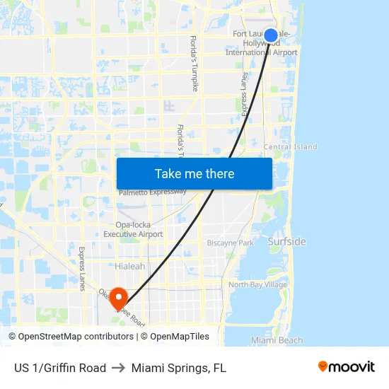 US 1/Griffin Road to Miami Springs, FL map