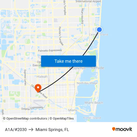 A1A/#2030 to Miami Springs, FL map