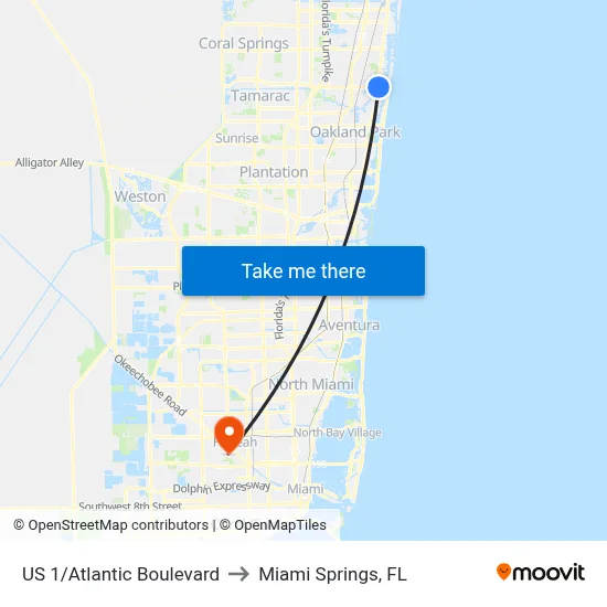 US 1/Atlantic Boulevard to Miami Springs, FL map
