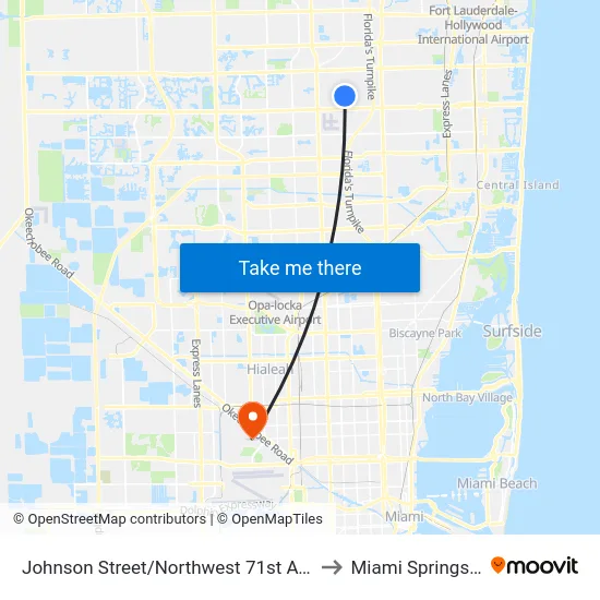Johnson Street/Northwest 71st Avenue to Miami Springs, FL map