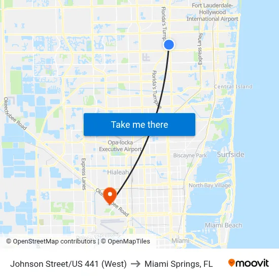 Johnson Street/US 441 (West) to Miami Springs, FL map