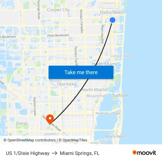 US 1/Dixie Highway to Miami Springs, FL map