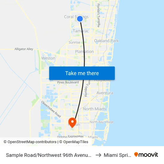Sample Road/Northwest 96th Avenue (Coral Hills Drive) to Miami Springs, FL map