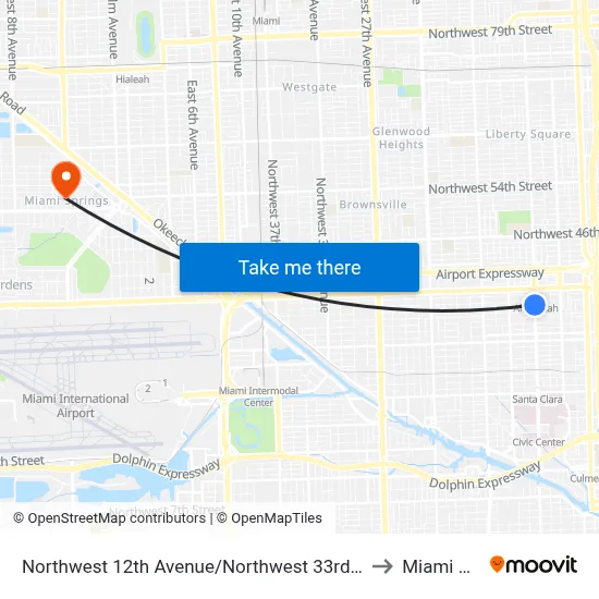 Northwest 12th Avenue/Northwest 33rd Street - (Allapattah Metrorail Station) to Miami Springs, FL map