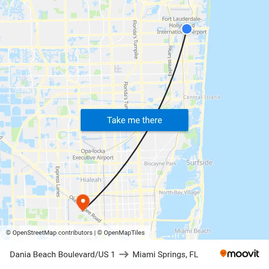 Dania Beach Boulevard/US 1 to Miami Springs, FL map