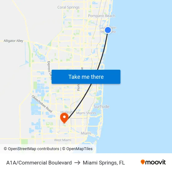 A1A/Commercial Boulevard to Miami Springs, FL map