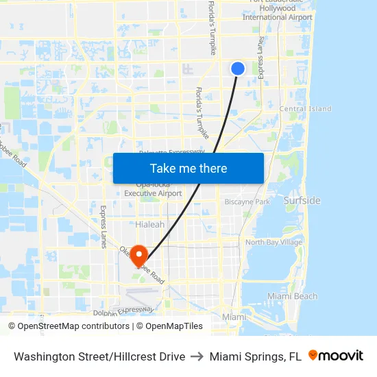 Washington Street/Hillcrest Drive to Miami Springs, FL map