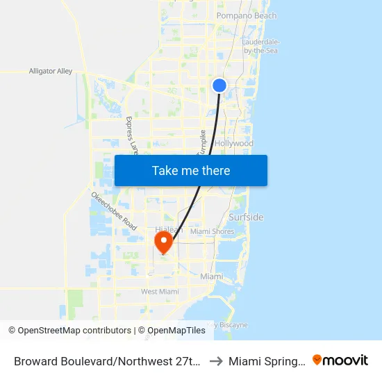 Broward Boulevard/Northwest 27th Avenue to Miami Springs, FL map