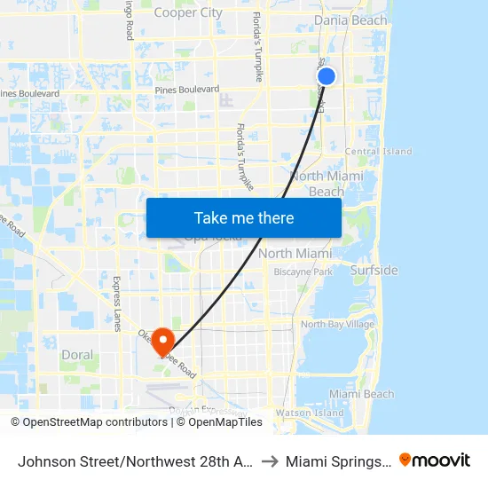 Johnson Street/Northwest 28th Avenue to Miami Springs, FL map