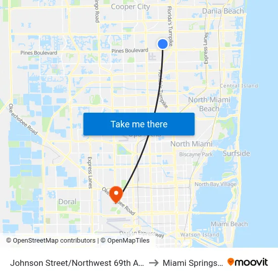 Johnson Street/Northwest 69th Avenue to Miami Springs, FL map
