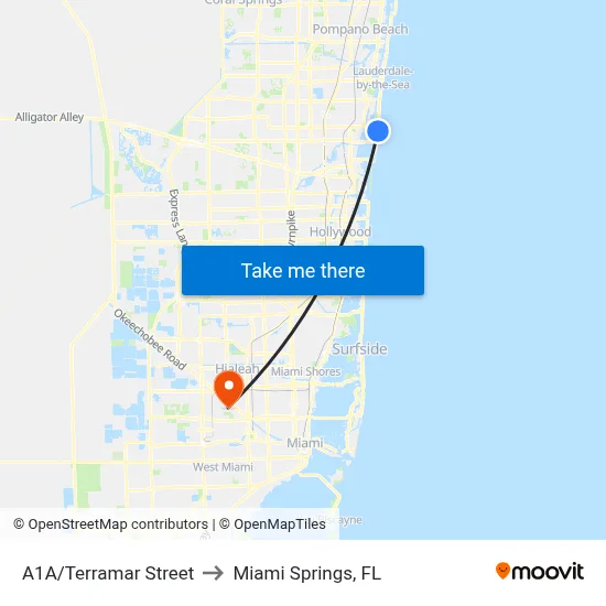 A1A/Terramar Street to Miami Springs, FL map