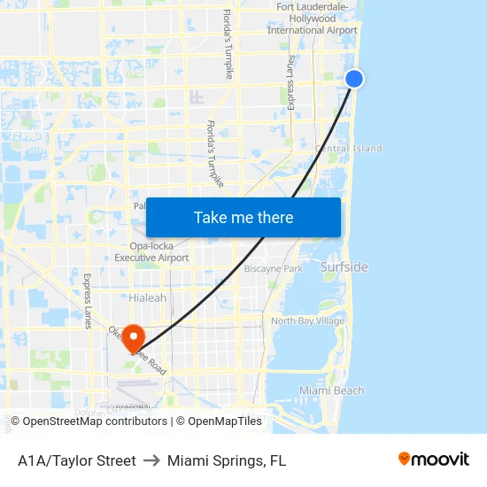 A1A/Taylor Street to Miami Springs, FL map