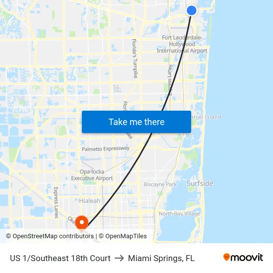 US 1/Southeast 18th Court to Miami Springs, FL map