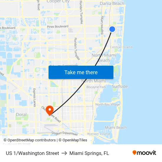 US 1/Washington Street to Miami Springs, FL map