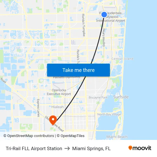 Tri-Rail FLL Airport Station to Miami Springs, FL map