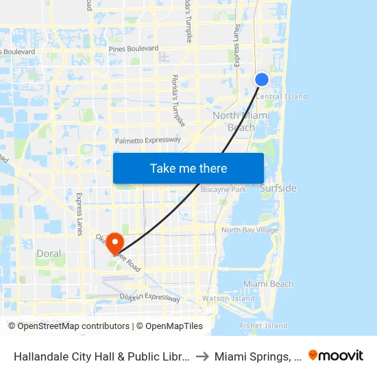 Hallandale City Hall & Public Library to Miami Springs, FL map