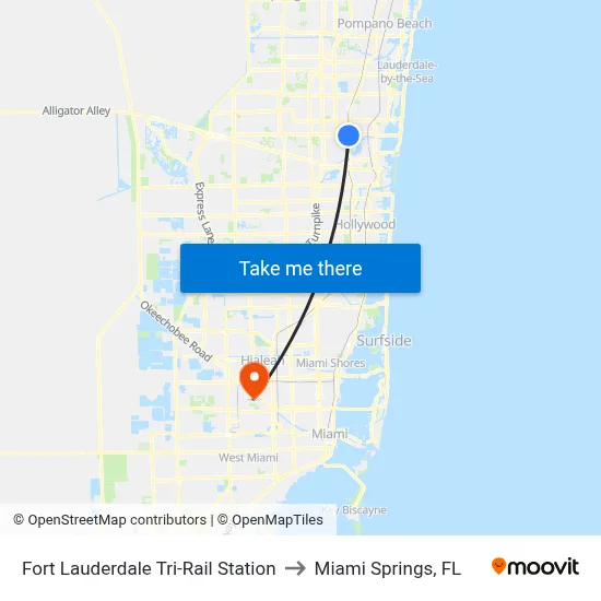 Fort Lauderdale Tri-Rail Station to Miami Springs, FL map