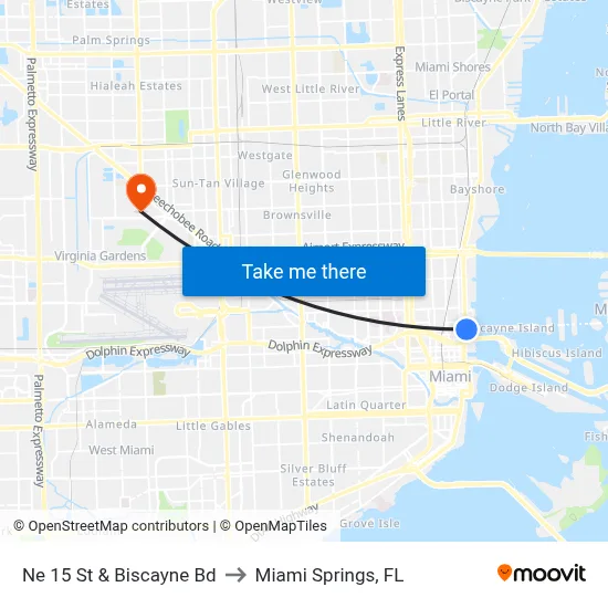 Ne 15 St & Biscayne Bd to Miami Springs, FL map