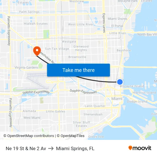 Ne 19 St & Ne 2 Av to Miami Springs, FL map