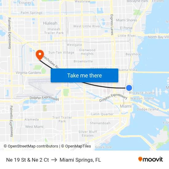 Ne 19 St & Ne 2 Ct to Miami Springs, FL map