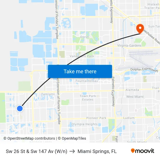 Sw 26 St & Sw 147 Av (W/n) to Miami Springs, FL map