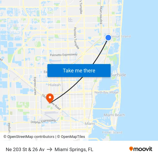 Ne 203 St & 26 Av to Miami Springs, FL map