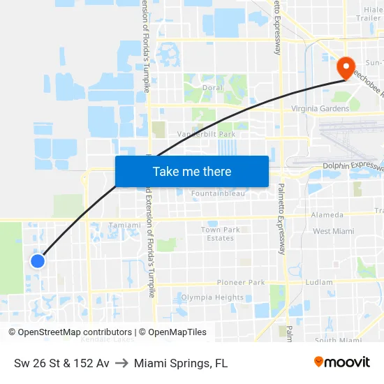 Sw 26 St & 152 Av to Miami Springs, FL map