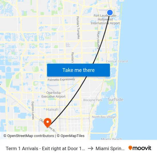 Term 1 Arrivals - Exit right at Door 114 - Zone B to Miami Springs, FL map